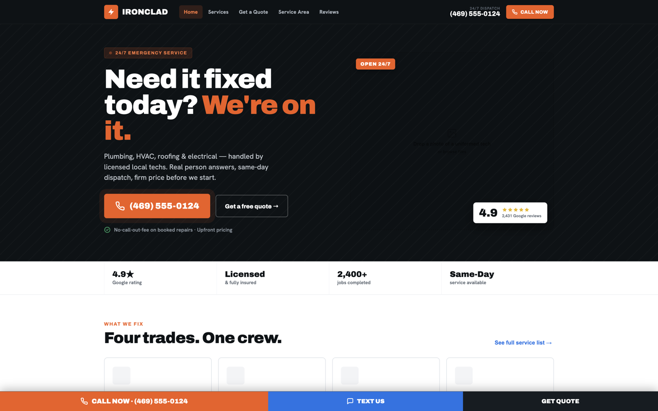 Plumber / HVAC / roofing website design — Bold & trustworthy