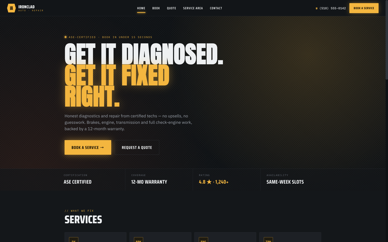 Auto repair shop website design — Dark & industrial