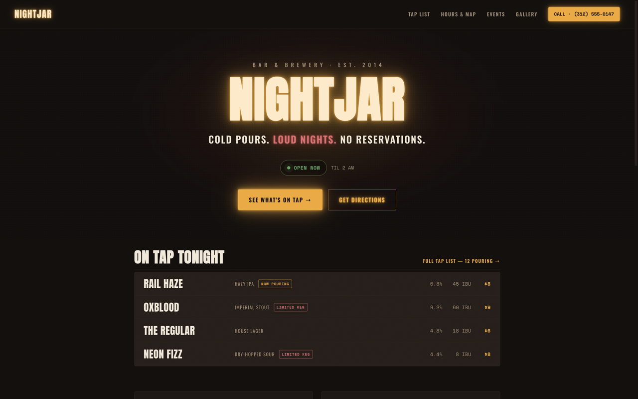Bar & brewery website design — Moody & vintage